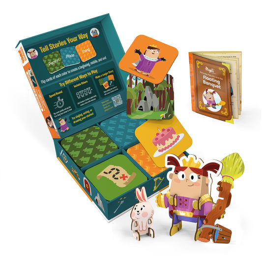 Create a story cards for kids - story starters with buildable figure