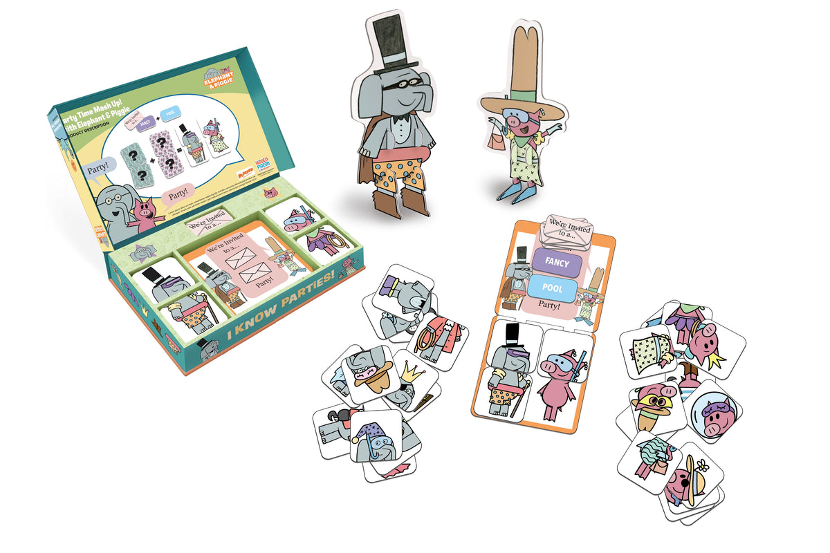 Elephant & Piggie I Know Parties! party game with buildable Gerald and Piggie figures and mix-and-match costume cards