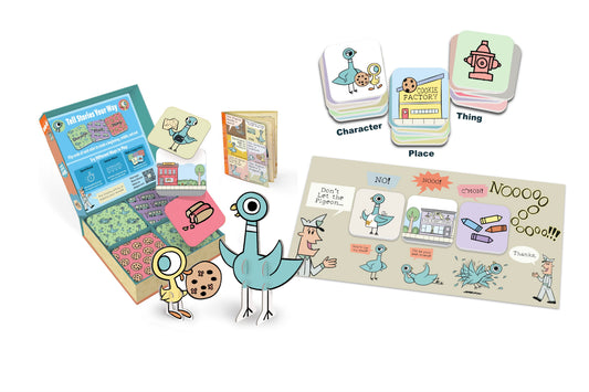 Pigeon Story Starters storytelling cards with buildable Pigeon and Duckling figures, story mat and booklet