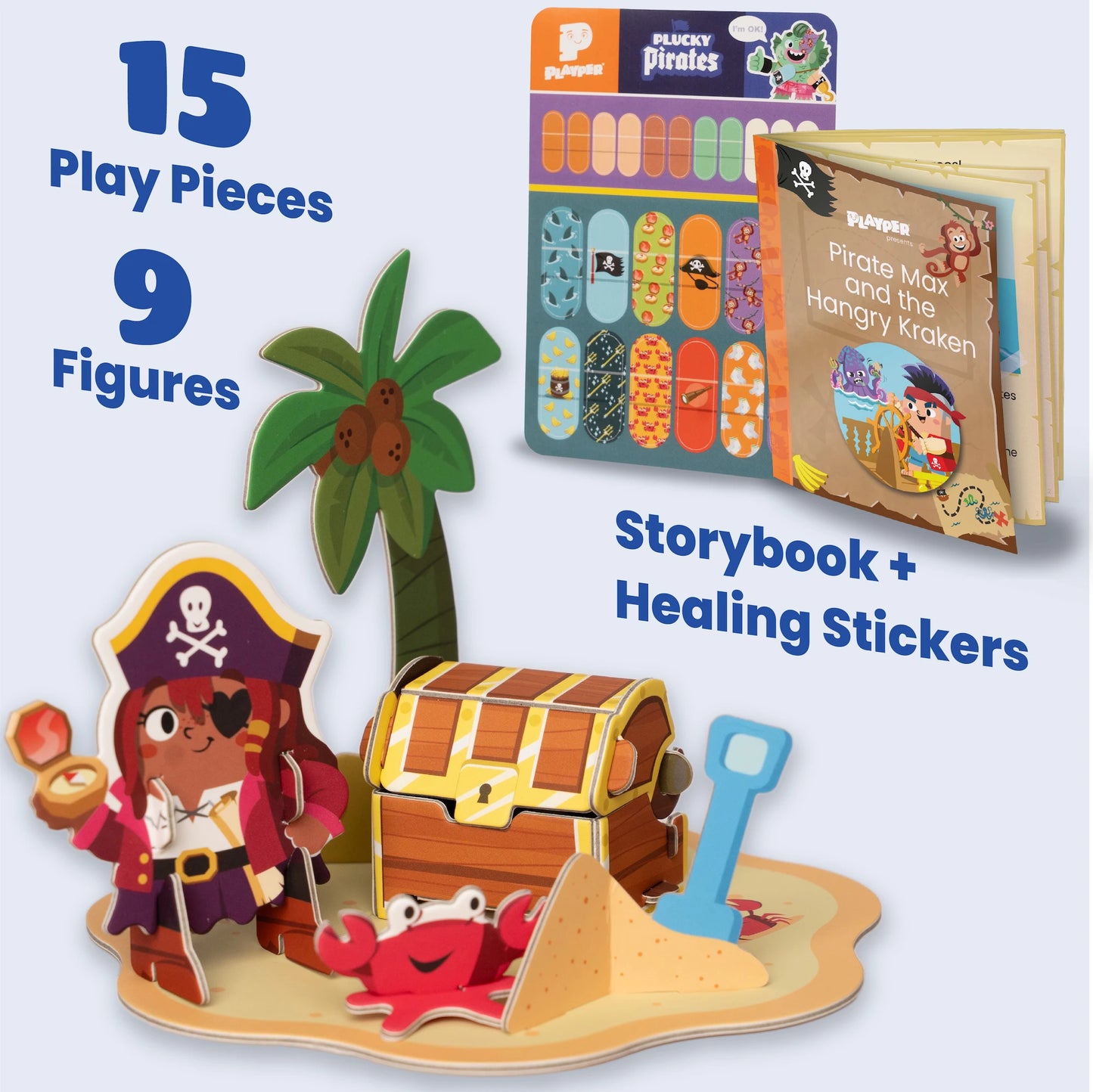 15 Play Pieces and 9 Action Figures with Storybook and Healing Bandage Stickers Included