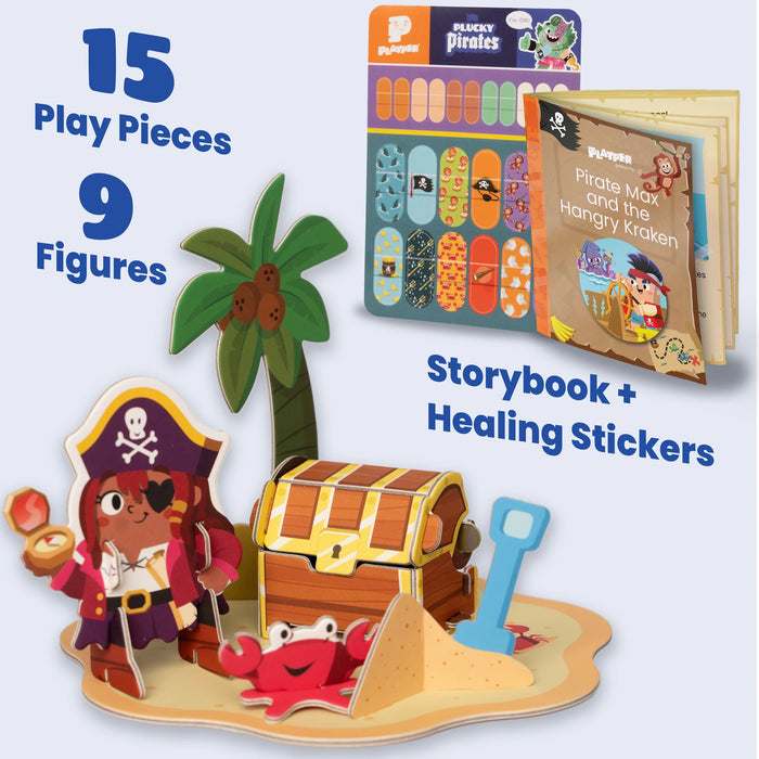 15 Play Pieces and 9 Action Figures with Storybook and Healing Bandage Stickers Included