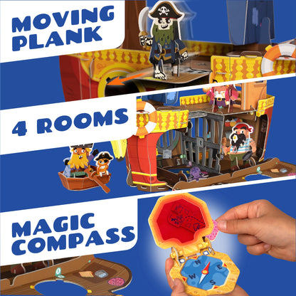 Moving Plank, 4 Play Rooms, Magic Red Reveal Compass to find Hidden Clues - Plucky Pirates Ship Buildable Playset