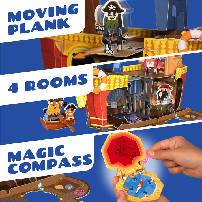 Moving Plank, 4 Play Rooms, Magic Red Reveal Compass to find Hidden Clues - Plucky Pirates Ship Buildable Playset